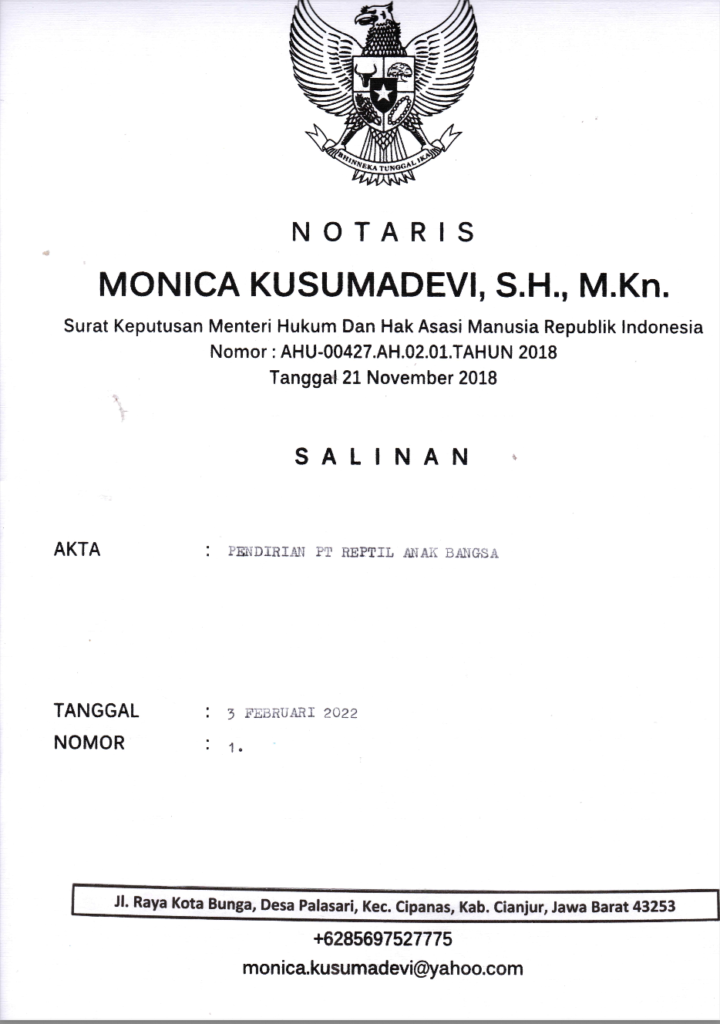 Akta Pendirian PT Reptil Anak Bangsa, Repjak