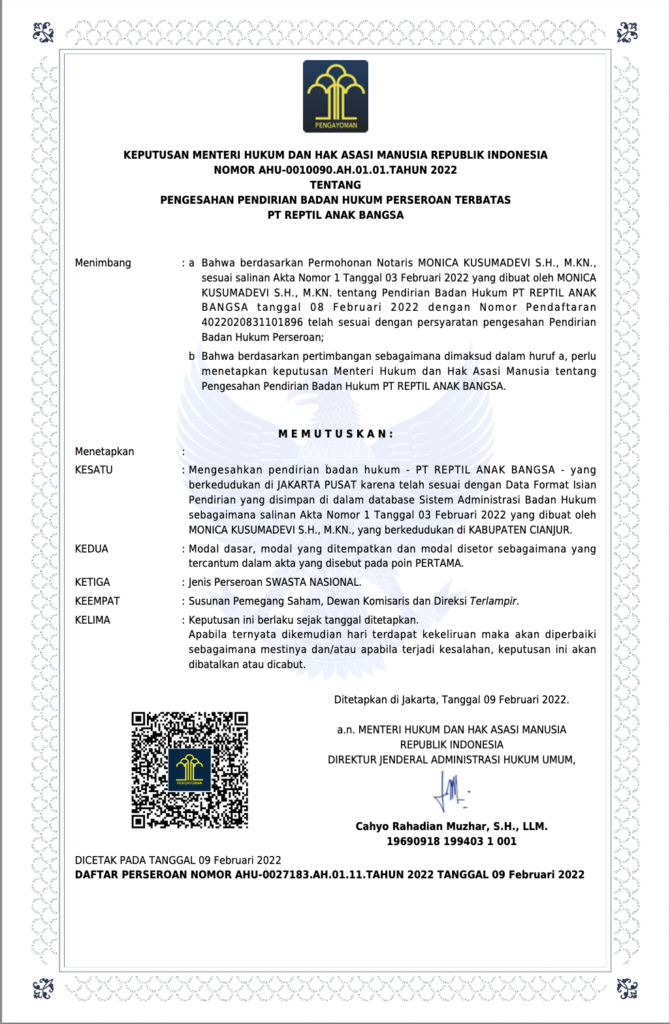 SK Menkeh Akta Pendirian PT Reptil Anak Bangsa, Repjak