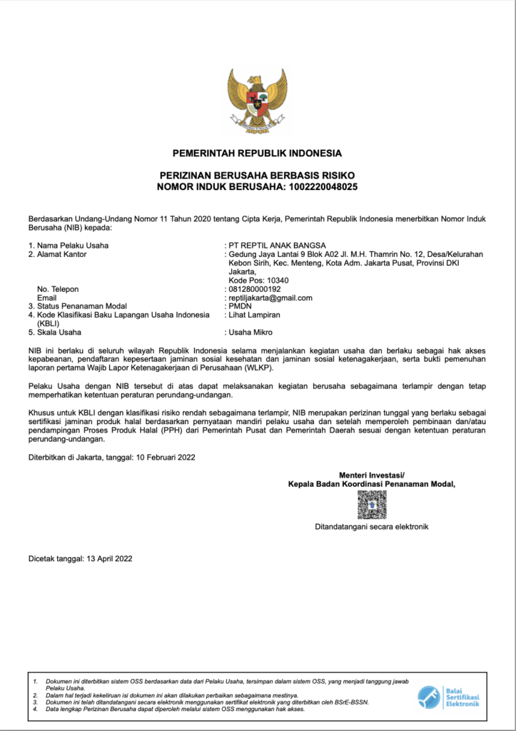 NIB Repjak, PT Reptil Anak Bangsa